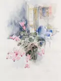 Interior with Cyclamen (2) by Molly Joan Lamb Bobak, watercolour on paper, sold Aug 2023