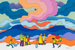 Yukon Gossip by Ted Harrison, 1982, acrylic on canvas board, sold Aug 2023