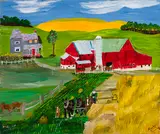 A Busy Day at the Farm by Barbara Clark Fleming, oil on board, sold Jul 2023