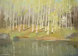 Spring Birches on Speyside Stream by Tom Keith Roberts, 1981, oil on board, sold Jul 2023
