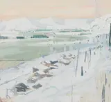 Log Houses, The Far North by Clarence Gagnon, gouache on paper, sold Jul 2023