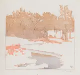 The Stream in Winter by Walter J. Phillips, colour woodcut on paper, sold Jul 2023