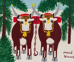 Oxen in Winter by Maud Lewis, oil on board, sold Jun 2023