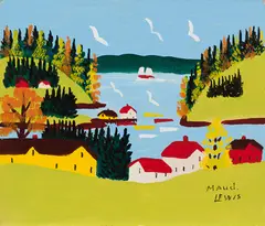 Sandy Cove in Autumn by Maud Lewis, oil on board, sold Jun 2023