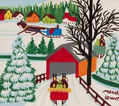 Sleigh and Covered Bridge by Maud Lewis, oil on board, sold Jun 2023