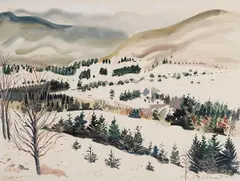 St. Jovite, Quebec by Kenneth Lochhead, 1977, mixed media on paper, sold Jun 2023