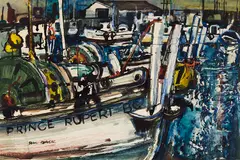 Fishing Fleet by Sam Black, gouache on paper on board, sold Jun 2023