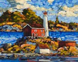 Autumn, Fisgard lighthouse by Rod Charlesworth, oil on board, sold Jun 2023