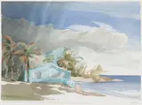 Blue House, Pomato Point, Anegada Island, British Virgin Islands by Toni Onley, 2001, watercolour on paper, sold Jun 2023