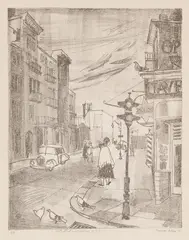 109th Street and Broadway, N.Y.C. by Maxwell Bennett Bates, 1955, lithograph on paper, sold Jun 2023