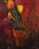 Dark Tulips by Molly Joan Lamb Bobak, oil on board, sold Jun 2023
