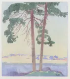 A Muskoka Sunset by Walter J. Phillips, colour woodcut on paper, sold May 2023