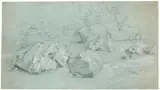Landschaft mit Felsblöcken by Johann Wilhelm Schirmer, Bleistift, weiß gehöht, auf blauem Papier, sold Nov 2012