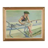 Boy Fishing by H. P. Sminberg, Oil on canvas, sold Jul 2025
