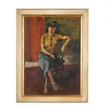 Seated Woman with Hat by Frederick Lyder Frederickson, Oil on canvas (lined), sold Jul 2025