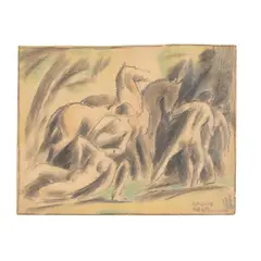 Figural Study with Horses by Béla Kádár, Graphite and colored pencil on paper, sold Jul 2025