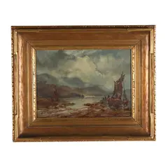 Sailing Ship Moored at Shore by Robert Hopkin, Oil on canvas, sold Jun 2025