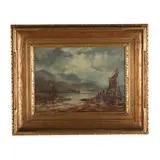 Sailing Ship Moored at Shore by Robert Hopkin, Oil on canvas, sold Jun 2025