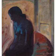 Sans titre (Profil bleu) by Mohamed Abla, Huile sur toile contrecollée sur panneau, sold Apr 2023