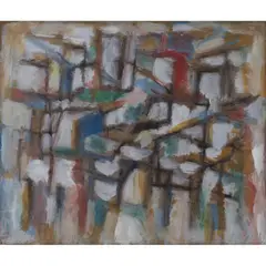 Composition abstraite by Jacques Germain, 1953, Huile sur carton double face, sold Mar 2023