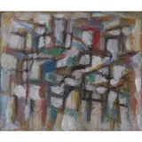 Composition abstraite by Jacques Germain, 1953, Huile sur carton double face, sold Mar 2023