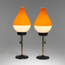 Rotaflex table lamps, pair by Yasha Heifetz, c. 1955, molded plastic, enameled aluminum, brass, enameled steel, sold Jan 2023