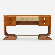 Vanity by Léon Jallot, c. 1935, maple burl veneer, shagreen, nickel-plated brass, celluloid, sold Jan 2023
