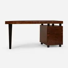 Boca desk by Leon Rosen, c. 1985, burled elm, lacquered wood, sold Jan 2023