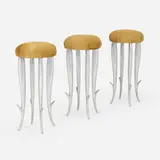 Royalton barstools, set of three by Philippe Starck, 1988 / 1998, polished aluminum, cowhide, sold Jan 2023