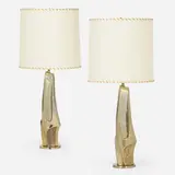 Table lamps, pair by Maurizio Tempestini, c. 1970, brass, parchment, leather, sold Jan 2023