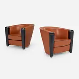 Marne lounge chairs, pair by Adam Tihany, c. 1985, leather, sold Jan 2023