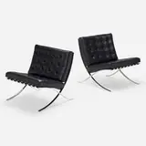 Barcelona chairs, pair by Ludwig Mies van der Rohe, 1925 / 1999, stainless steel, leather, sold Jan 2023