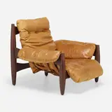 Lounge chair by Sergio Rodrigues, c. 1960, jacaranda, leather, sold Jan 2023
