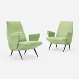Lounge chairs, pair by Giovanni (Nino) Zoncada, c. 1955, upholstery, enameled steel, sold Jan 2023
