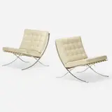 Barcelona chairs, pair by Ludwig Mies van der Rohe, 1929 / 1990, stainless steel, leather, sold Jan 2023