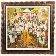 Outdoor Vodou Ceremony, ca. 1970's by Wilson Bigaud, Oil on masonite,Signed lower right., offered Feb 2026
