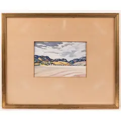 Cache la Poudre, Fort Collins, Colorado by Harold Holmes Wrenn, Gouache on paper Signed LR Image: H: 6 1/2 X W: 9 1/2 in. H: 17 1/4 W: 21 in., offered Dec 2025