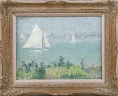 Impressionist marine painting depicting sailboats by Israel Doskow, oil on board, sold Jan 2024