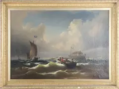 marine painting depicting boats on a rough sea by Eduard Schmidt, oil on canvas, sold Jan 2024