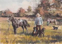 Equestrian painting depicting a man and woman in the field with their horses and dogs by Robert Kennedy Abbett, oil on board, sold Feb 2024