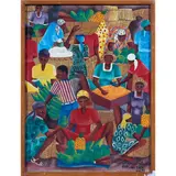 Untitled (Village Scene with Figures) by Marcel Valcin, oil on canvas, sold Mar 2022