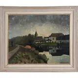 Belgium Village Scene by Emil J. Hugentobler, 1958, oil on board, sold Mar 2022