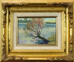 Fallen Tree along the Lake by Robert C. Moore, oil on masonite, sold Mar 2022