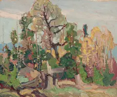 Study of Trees: Autumn, circa early 1920s by Franklin Carmichael, circa early 1920s, oil on pressed paperboard panel, sold May 2026