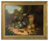 still life with fruit and bird by William Jones Of Bath, 1775, oil on canvas mounted on board, sold May 2024