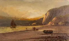 Coastal scene of figures and boat on a beach scene by Frank Hider, Oil on canvas, sold Oct 2025