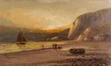 Coastal scene of figures and boat on a beach scene by Frank Hider, Oil on canvas, sold Oct 2025