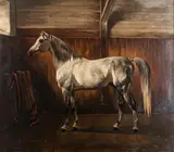 A grey hunter in a stable - Oil by H Fieg, 1889, Oil on canvas -69 x, sold Oct 2025