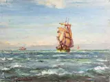 'An Old time Brig in a Breeze by Patrick Downie, 1937, Oil on board, sold Oct 2025