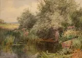 A pond in summer surrounded by flowers and by Henry John Sylvester Stannard, Watercolour -25 x, sold Oct 2025